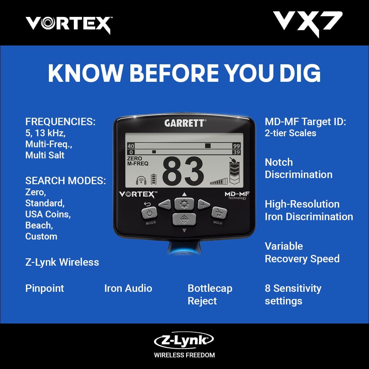 Tekirdağ Garrett Vortex VX7 Dedektör - VX7 hedef ID ekranı, iki katmanlı MD-MF okuma ile demir ve iletken hedefleri ayırmaya yardım eder.